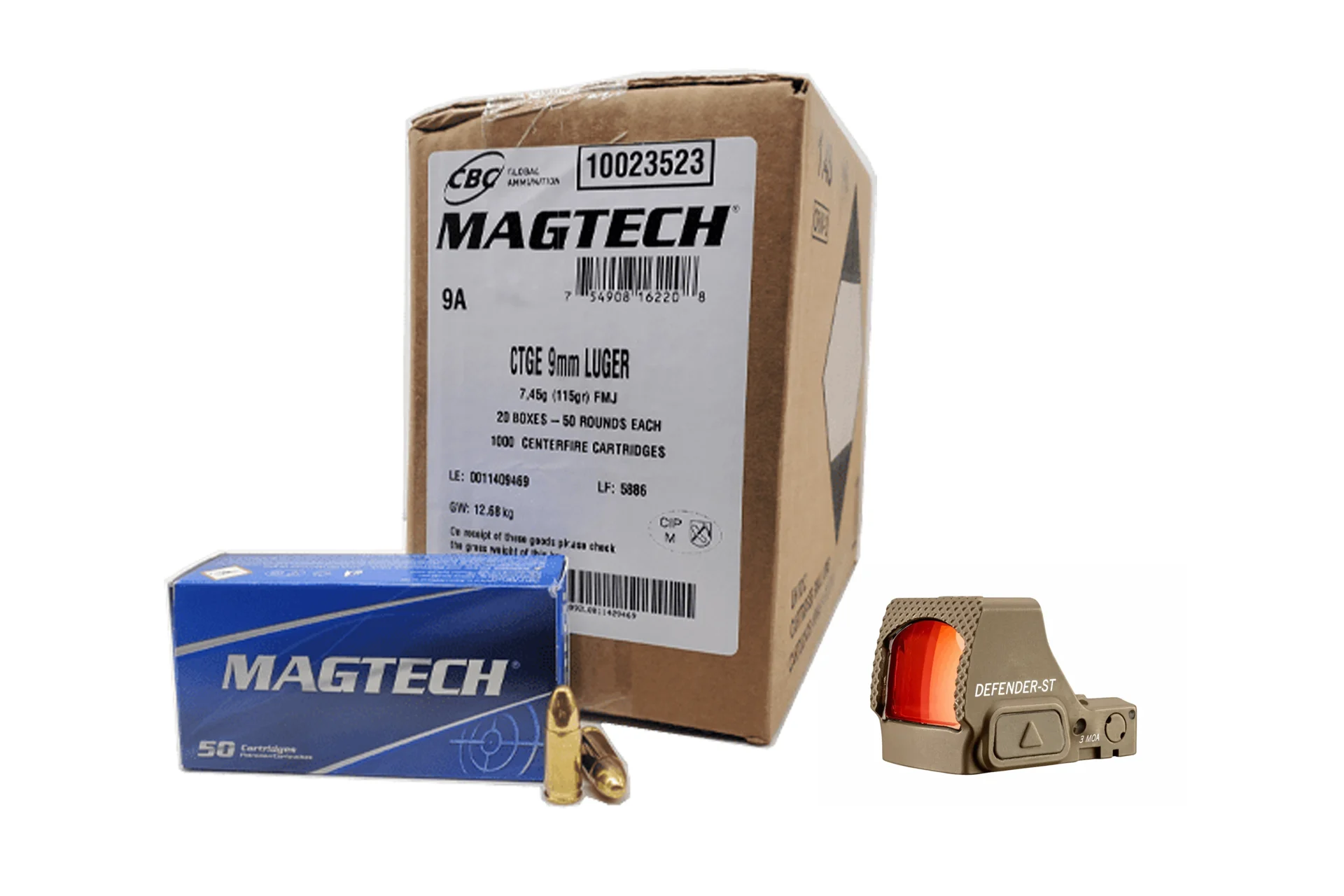 Vortex Defender-ST Micro Red Dot - Tan + Magtech 9mm 115 Grain FMJ Ammo Handgun Ammo - 1000 Rounds
