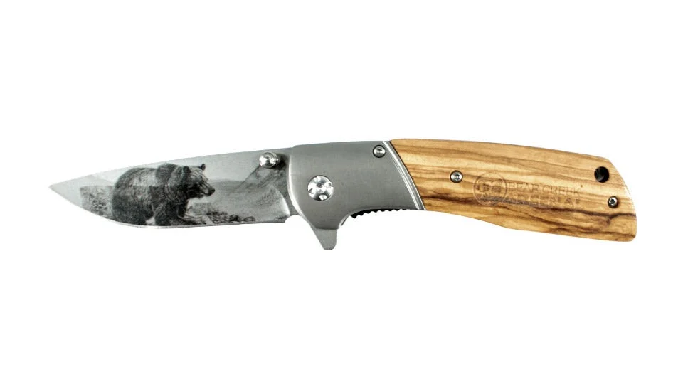 BCA Bear Scene Titanium Coated Folding Wooden Handle Hunting Knife