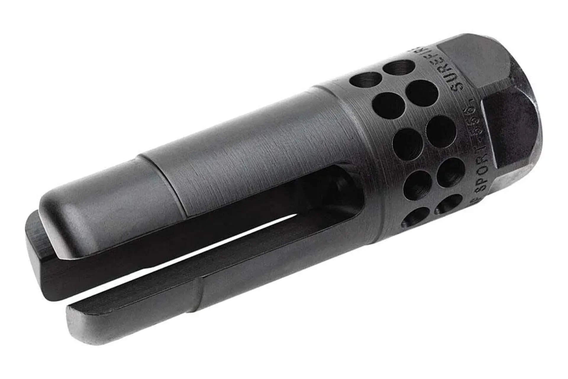 SureFire WARCOMPSPORT5561228 Warcomp Sport Flash Hider 22 Cal (5.56mm) 1/2"-28 tpi, Open Tine 3-Prong, Ported Black Stainless Steel - WARCOMPSPORT5561228