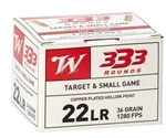 Winchester 22 Long Rifle Ammo 36 Grain Plated Lead Hollow Point Box of 333 Rounds - 22LR333HP