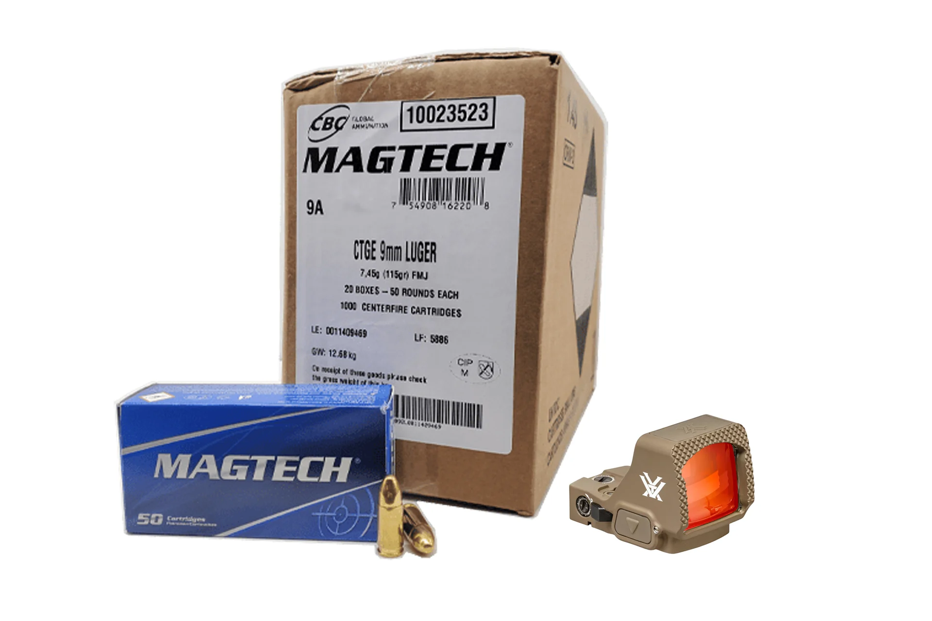 Vortex Defender-XL Micro Red Dot - Tan + Magtech 9mm 115 Grain FMJ Ammo Handgun Ammo - 1000 Rounds