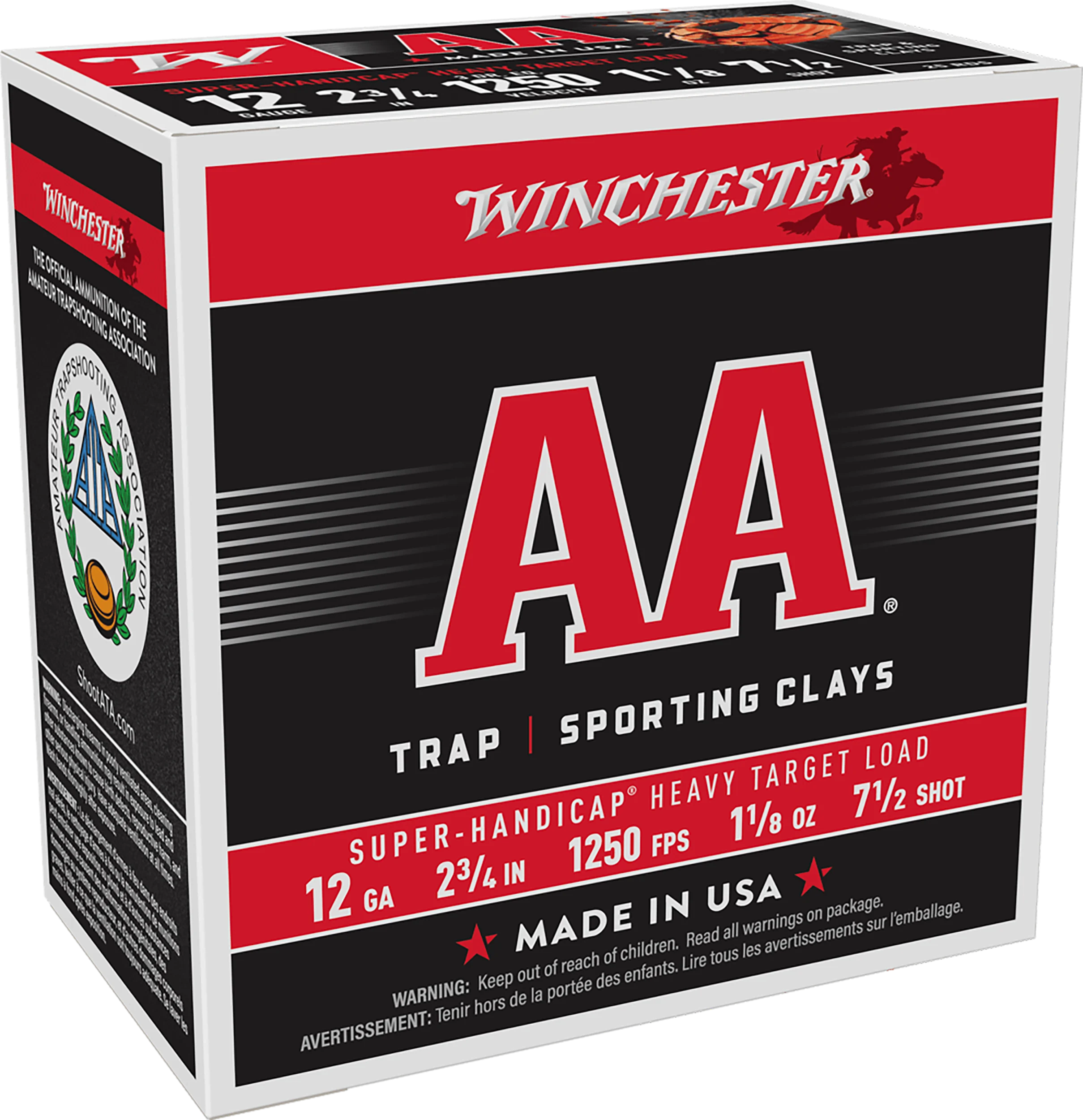 Winchester AA Target Super Handicap AAHA1275, 12 Gauge, 2-3/4", 1-1/8 oz, 1250 fps, #7.5 Lead Shot, 25 Rds/Bx